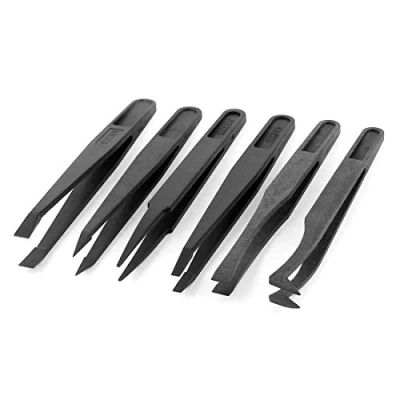 Image of Sourcingmap 6 Pcs Black Plastic Anti Static Slant Pointed Bent Fine Straight Olecranon Tip Tweezer