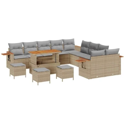 Image of vidaXL 14 Piece Garden Sofa Set with Cushions Beige Poly Rattan Acacia