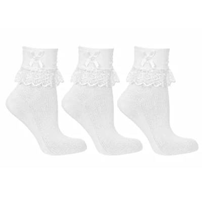 Image of undercover lingerie 3 Pairs Girls Jester Frilly Lace Bow Ankle Socks White 9 12