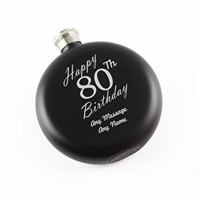 Image of Personalised Engraved 5oz Round Black Painted Stainless Steel Pocket Hip Flask, Happy 80th Birthday Design, Gift for Him, Gift, Laser in The UK