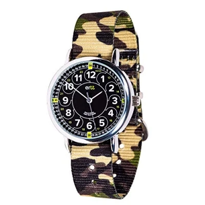 Image of EasyRead Time Teacher Childrens Watch For Kids Learn To Tell The 2 Step Black Yellow 12 24 Hr Face Analogue Easy Read Dial Green Camo