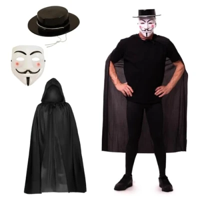 Image of SoWest V Adult Vendetta Guy Fawkes Anonymous Hacker Mask + Hooded Cape Hat for Halloween Carnival Party Dress Accessory