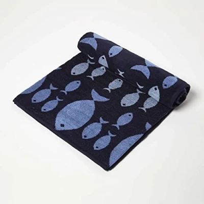Image of HOMESCAPES Blue Beach Towel 90 x 180 cm Quick Dry with Fish Design Eco Friendly Recycled Cotton Rich Super Absorbent Jumbo Travel