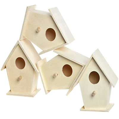 Image of Baker Ross EC1235 Mini Wooden Birdhouses (Box of 4) For Kids to Decorate, Arts and Crafts,12 x 9.5 cm