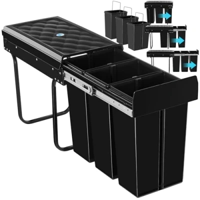 Image of TecTake® Kitchen Bin with 3 Compartments for Easy Waste Separation, Compact &amp; Robust Bins Carrying Handles Telescopic Rails full Extension, 30L Capacity, Setup x 10L