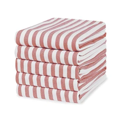 Image of 100% Cotton Tea Towel Red Striped Pattern, Pack of 5 Stripe Kitchen Set Absorbent, Strong, Quick Dry &amp; Machine Washable For Home Decor Bathroom Accessories