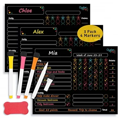 Image of Magnetic Chart Set for Multiple Kids &amp; Adults Fine Tip Markers Dry Erase Refrigerator Boards Reward Good Behaviour Responsibility Organise the Family (Black)