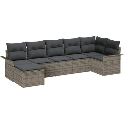 Image of vidaXL 7 Piece Garden Sofa Set with Cushions Grey Poly Rattan