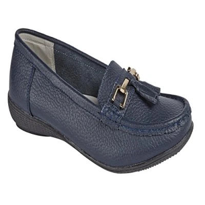Image of Womens Flats Leather Deck Boat Loafers Moccasins Driving Shoes with Bar &amp; Tassels Navy Size UK 4