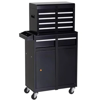 Image of DURHAND Tool Chest 2 in 1 Metal Cabinet Storage Box with 5 Drawers Pegboard Wheels 60x28x104.5cm Black