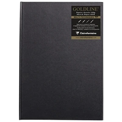 Image of Clairefontaine Ref 34243C Goldline Casebound Pad (64 White Sheets) A4 (297 x 210mm) Size, 140gsm Paper, Portrait Layout Black Cover Suitable for Dry Techniques