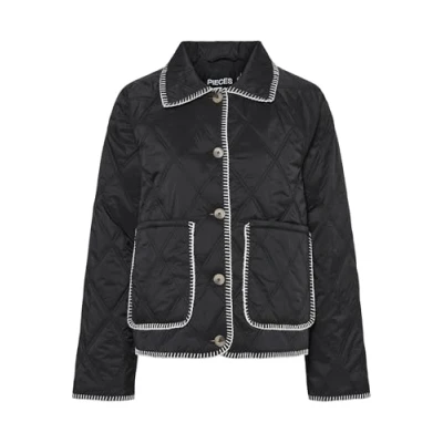 Image of Pieces Naima Quilted Stitch Detail Light jacket, Women&#039;s, Size: XL, Black/cloud dancer