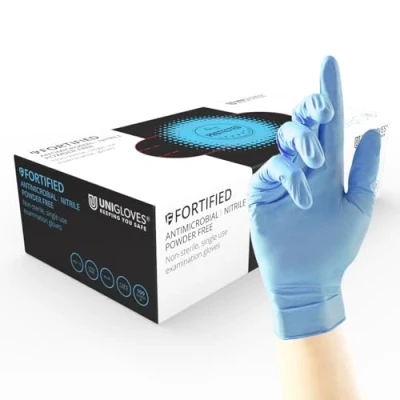 Image of Unigloves Fortified Blue GF0015 Antimicrobial Nitrile Examination Multipurpose, Powder Free and Latex Disposable Gloves, Box of 100 Blue, Extra Large