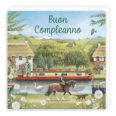Image of Hunts England Italian Birthday Card For Him/Her Canal Narrowboat Horse Riding Countryside Milo&#039;s Gallery Language Unisex Buon Compleanno