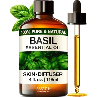 Image of Kukka Basil Essential Oil for Diffusers Skin Aromatherapy, Skin, Fragrance, Candles &amp; Soaps 100% Natural (118 ml)