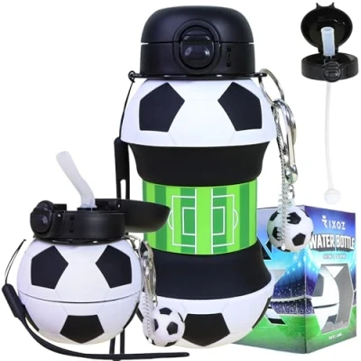 Image of RIXOZ Football Water Bottle With Straw 550ml Silicone Collapsible Keyring For Kids