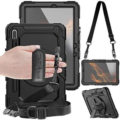 Image of TECHGEAR UTILITY Case fits Samsung Galaxy Tab S8 11&quot; (SM X700 / SM X706) Tough Rugged HEAVY DUTY Armour Shockproof Impact with 360 Rotating Stand, Hand Strap and Shoulder Black