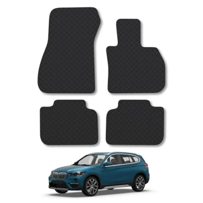 Image of Rubber Car Mats Compatible with BMW X1 (2015+) [F48] Tailored Fit Floor Set Accessory Black Custom 4 Pieces Clips Anti Slip Backing, Heavy Duty &amp; Waterproof