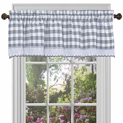 Image of Buffalo Check Valance Window Curtains 58 Inch Width, 14 Length Grey &amp; White Plaid Light Filtering Farmhouse Country Drapes for Bedroom Living Dining Room by Achim Home Decor