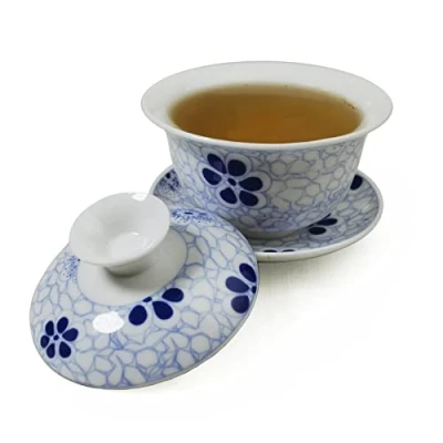 Image of Yxhupot Gaiwan Chinese Sancai 4oz Tureen Tray Blue White Cup Tea Set Bowl Saucer Lid (B)