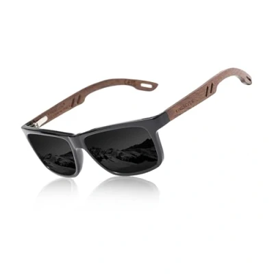 Image of KINGSEVEN Design Wood Polarized Rectangular Sunglasses for Men, Walnut Wooden Frame Mirrored Glasses Driving W5508 (W5508 Black)