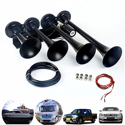 Image of YIYIDA Car Horn Electric 160DB Solenoid Control Trumpet Waterproof loud Speaker Chrome Zinc Ship Four Tube Black 12V Truck Air for any Train Boat Lorry Vans etc