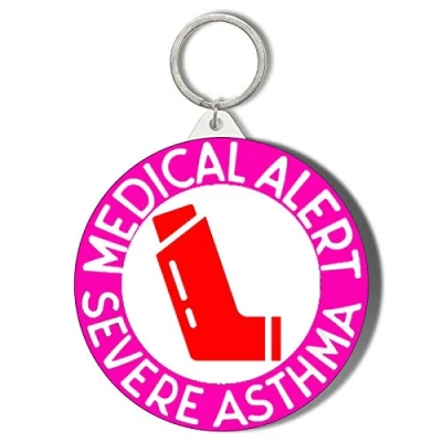 Image of Gift Insanity MEDICAL ALERT, SEVERE ASTHMA, RED INHALER, PINK BACKGROUND WHITE LETTERING 45mm Keyring