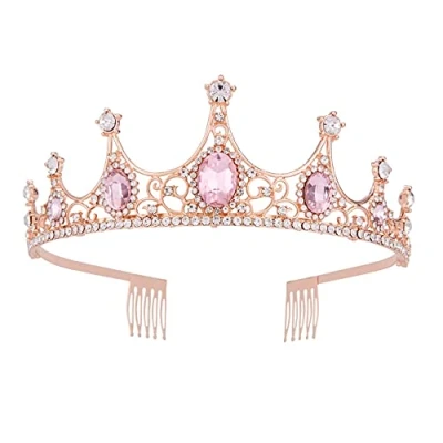 Image of Vofler Rose Gold Tiara Crown with Pink Crystal Baroque Vintage Clear Rhinestone Headband for Women Queen Lady Girl Bride Princess Birthday Wedding Pageant Prom Halloween Costume Party Comb