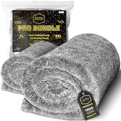 Image of CarMax™ Giant Twisted Loop car Drying Towel Pro Bundle 1 x 60cm 40cm (XL) and 90cmx60cm (XXL) the perfect cleaning combo for a fast professional finish.