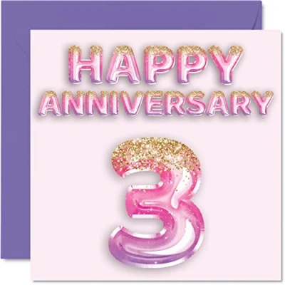 Image of Pretty Leather Anniversary Card for Wife Girlfriend Husband Boyfriend Pink Purple Glitter Balloons Happy 3rd Cards from Family, 145mm x Greeting Third Anniversaries
