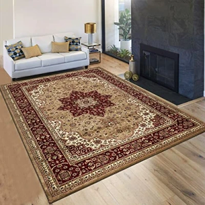 Image of householdfurnishing Vintage Traditional Non Slip Rug Bedroom Living Room Carpet Mat Runners Floral Pattern Wide Area Persian Style Rugs (60 x 110 cm Door Mat, Beige)