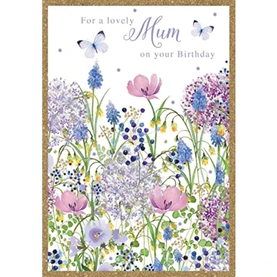 Image of Nigel Quiney &#039;Lovely Mum&#039; Birthday Card Watercolour Purple Flowers &amp; Butterflies with Foil Details Eco Friendly Recyclable
