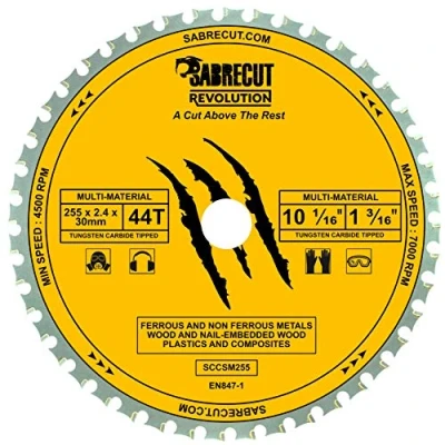 Image of 1 x SabreCut SCCSM255_44 255mm 44T 30mm 25.4mm 20mm 16mm Bore Multi Material Metal Wood Plastic Circular Saw Blade Compatible with Bosch Dewalt Makita Milwaukee and Many Others