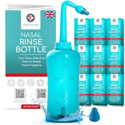 Image of Medi Grade Nasal Irrigation Kit 500ml Rinse Bottle, 30x 4.5g Premixed Saline Salt Sachets Deluxe Free Flow Bottle Nose Cleaner for Improved Breathing and Hygiene