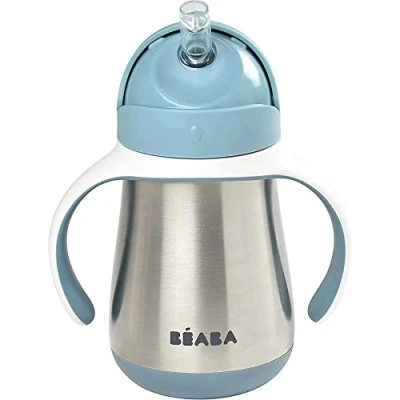 Image of BÉABA learning cup 2 in 1 baby bottle children&#039;s with straw 100% leak proof easy to open removable handles Tritan and silicone 250 ml Blue