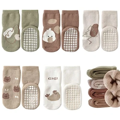 Image of FedMois 5 Pairs Baby Kids Cozy Warm Winter Socks Anti slip Infant Toddler Thermal Crew Socks, chick, 3 Years