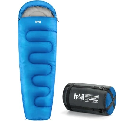 Image of Trail Mummy Sleeping Bag For Adults, Single 3 Season Spring Autumn Winter, 300gsm, Waterproof, Outdoor Camping, Internal Pockets, Lightweight Compression