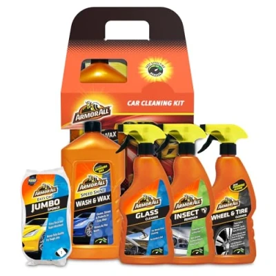 Image of Armor All, 5 Piece Car Cleaning Kit, for Exterior Cleaning, Includes Glass Cleaner, Wash &amp; Wax, Jumbo Sponge, Wheel Tire Cleaner and Insect Remover, Gift Set,Ideal Motorcycle Detailing