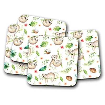 Image of 4 Set Cute Sloth Cork Backed Drinks Coaster Sloths Lazy Funny Brother #8359