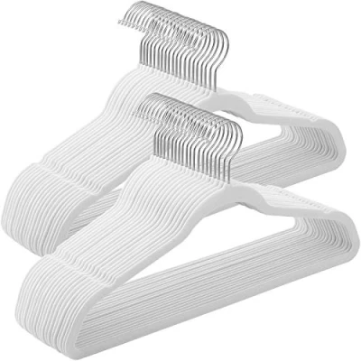 Image of SONGMICS Set of 50 Velvet Hangers, 41.5 cm Wide, Space Saving, High Load Capacity, with 360 Swivel Hooks, for Coats Shirts Suits, White and Silver CRF026W04