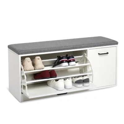 Image of Mondeer Shoe Bench with Seat, Storage 2 Drawers Soft Cushion Industrial Style for Hallway Entryway, 100 x 30 46 cm (White)