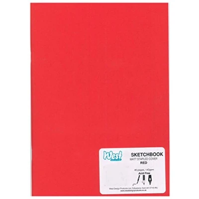 Image of West Design A3 Sketchbook, 140gsm, 40 White Pages, Stapled Laminated Red Cover, Crisp, Acid Free Plain, Blank Paper, Sketch, Draw, Journal, Scrapbook, Drawing Pad, Notebook, Home, Art Supplies