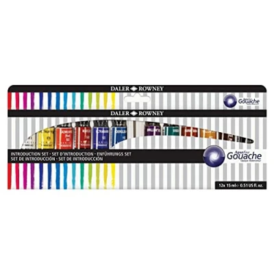 Image of Daler Rowney Aquafine Gouache Paint Introductory Set of 12 Colours x 15ml Tubes, Ideal for Beginner Artists &amp; Students, Water Based Canvas and Paper, Opaque Watercolours