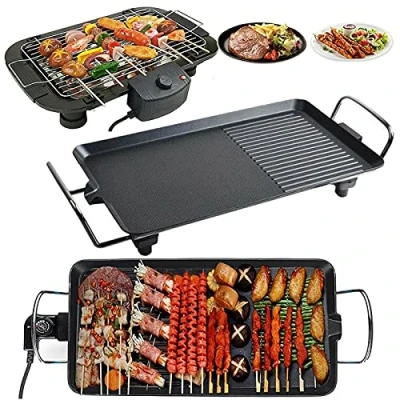 Image of Teppanyaki Grill Pan Indoor Smokeless Electric Table Top Griddle Hot Plate Cooking Non Stick Barbecue with Fat Drip Tray &amp; Temperature Adjustment, XL 67x29.5x8.5cm