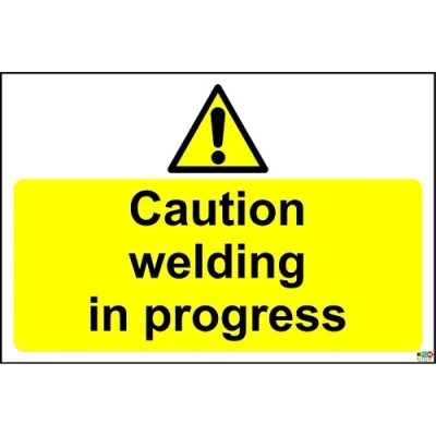 Image of Warning Caution welding in progress safety sign Self adhesive sticker 300mm x 200mm
