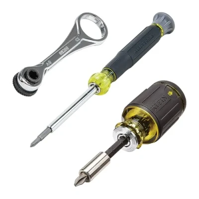 Image of Klein Tools 85515 3 Piece Multi Bit Impact Screwdriver Set with 8 in 1 Stubby Screwdriver, Mini Ratchet and 4 Electronics