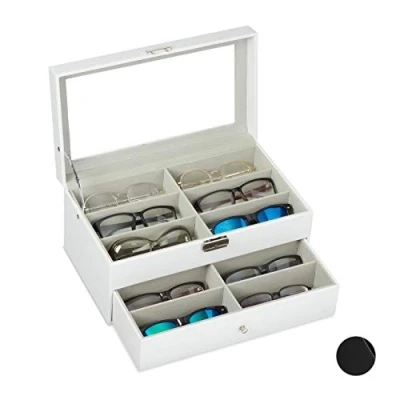Image of Relaxdays Box for 12 Glasses, Sunglasses Storage Case, Faux Leather Crate, PU, White, 1 Piece