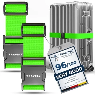 Image of Travely Premium Luggage Strap Especially Eye catching and Safe Includes 2 Name Tags Ideal Over Cross [Set of 2] Green