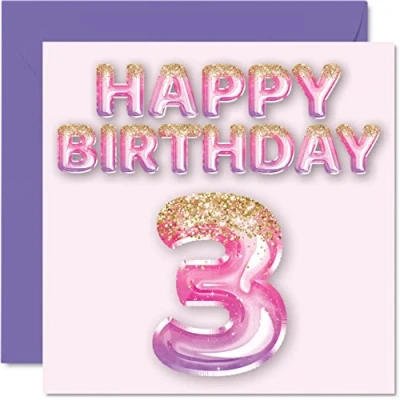 Image of 3rd Birthday Card for Girls Pink &amp; Purple Glitter Balloons Happy Cards 3 Year Old Girl Daughter Sister Granddaughter Cousin, 145mm x Three Third Bday Greeting Gift