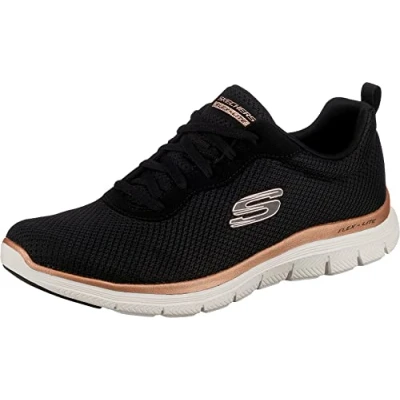 Image of Skechers Women&#039;s Flex Appeal 4.0 Brilliant View Sneaker,Black Mesh / Rose Gold Trim,4 UK